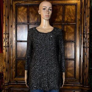 Kasper Black & Platinum Marled Sequin Cotton Blend Sweater